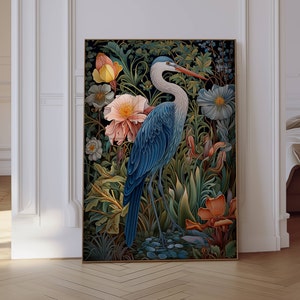 Heron Print, William Morris, Blue Heron, Bird Wall Art,  Aesthetic Wall Art, Vintage Poster, Botanical Print, Blue Heron Art, Wall Art Gift
