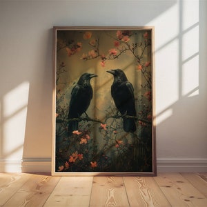 May include: Two black ravens perched on branches of a flowering tree with pink blossoms. The ravens are facing each other and appear to be communicating. The background is a soft, muted yellow.