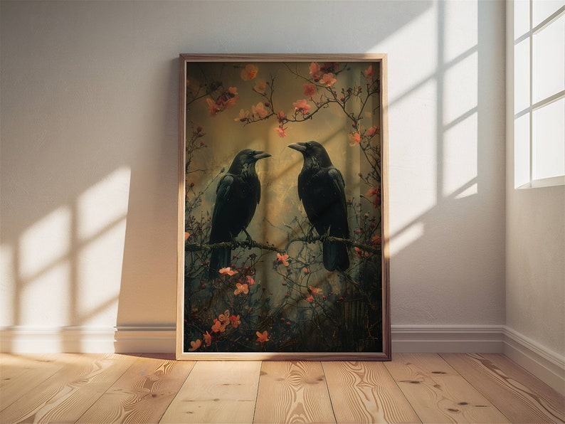 May include: Two black ravens perched on branches of a flowering tree with pink blossoms. The ravens are facing each other and appear to be communicating. The background is a soft, muted yellow.