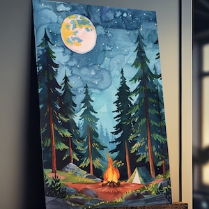 May include: Watercolor painting of a nighttime forest scene with a campfire, tent, and a large moon. Tall green trees frame the scene under a starry blue sky. The campfire glows with orange and yellow flames, creating a warm focal point.