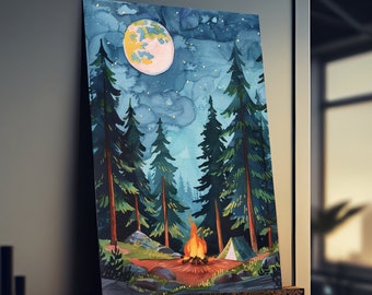 Camping Poster, Camping Print, Camping Wall Art, Gouache Print, Campfire Painting, Forest Print, Adventure Print,  Camping Gifts For Her