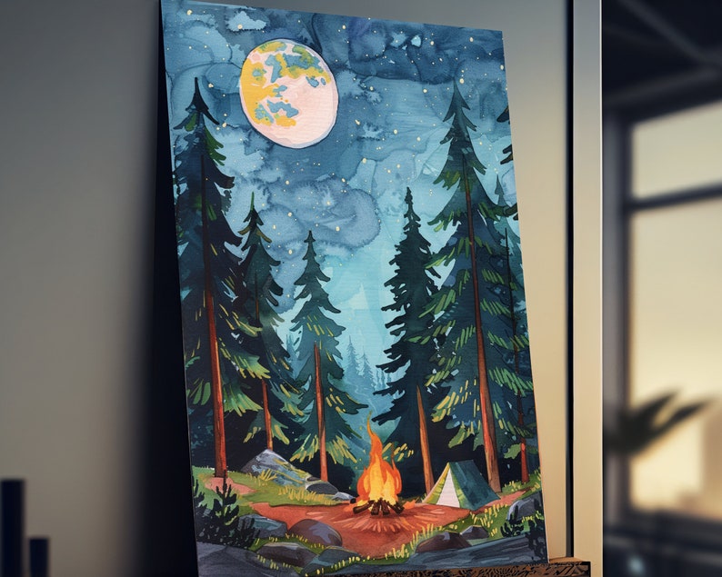 May include: Watercolor painting of a nighttime forest scene with a campfire, tent, and a large moon. Tall green trees frame the scene under a starry blue sky. The campfire glows with orange and yellow flames, creating a warm focal point.