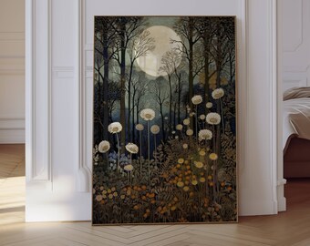 Fall Prints, Moon And Flowers Print, Floral Moon Wall Art, Vintage Moon Print, Wildflowers Moon, Autumn Woodland, Vintage Nature Print