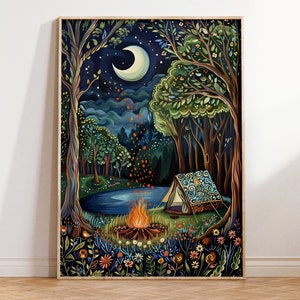 Camping Wall Art, William Morris, Campfire Painting, Forest Print,  Adventure Print, Camping Tent Art Camping Print Camping Gifts For Her