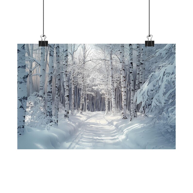 Arte mural de paisaje invernal, impresión de bosque invernal, arte de paisaje nevado, arte de árboles forestales, arte mural navideño, arte mural de abedul, bosque nevado imagen 4