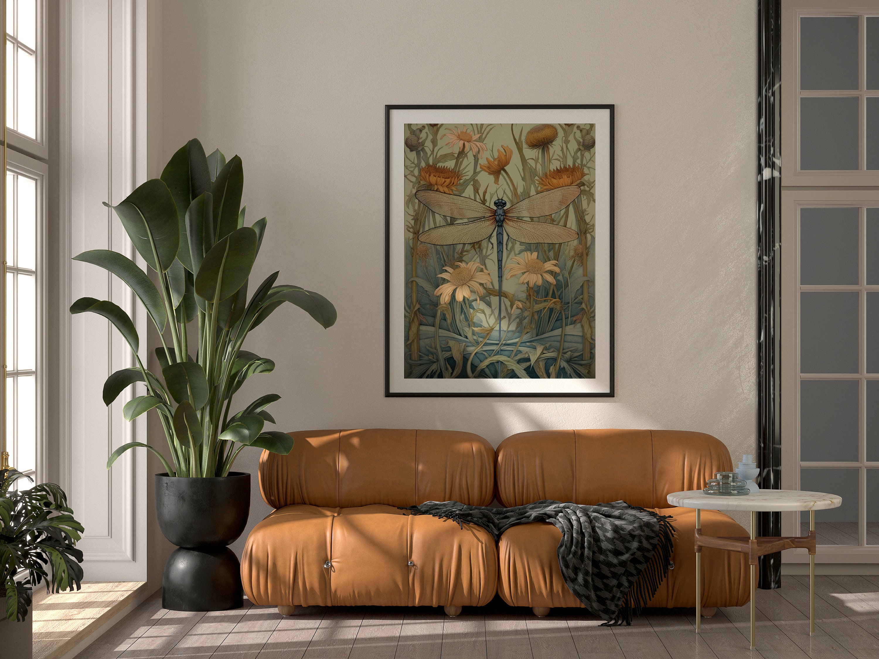 Framed Vintage 3D Textured Wall Art - Dark Green Dragonfly Flowers Wall Decor - Hand Drawn Sandstone Nature Botanical Pictures For Living Room Bedroom Home Decor 12x16in - View #8