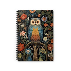 May include: A colorful owl perched on a branch surrounded by a vibrant floral pattern. The owl has blue and yellow feathers and large, round eyes. The background is a dark green with a variety of flowers in shades of red, orange, yellow, and purple.