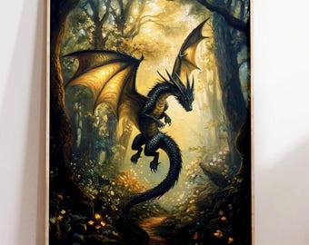 Dragon Prints, Dragon Wall Art, Dark Academia, Mystical Decor, Forest Dragon, Mythical Creature, Fantasy Art, Dragon Lover Gifts For Him