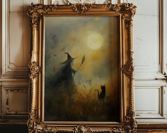Print van een heks met een zwarte kat, Dark Academia, Halloweenprint, vintage heksenkunst, heksenachtige decoratie, gotische muurkunst, donker olieverfschilderij, sfeervolle muurdecoratie