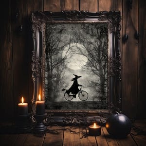 This high quality poster, printed on museum grade paper, depicts a detailed illustration of a witch riding a bike through the forest. There is a full moon above.  This is a black and gray print, excellent for gothic lover, Halloween gift and decor.