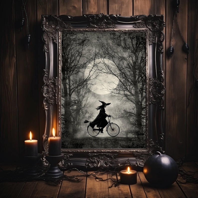 This high quality poster, printed on museum grade paper, depicts a detailed illustration of a witch riding a bike through the forest. There is a full moon above.  This is a black and gray print, excellent for gothic lover, Halloween gift and decor.