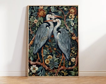 Puede incluir: Dos garzas grises con cuellos largos y picos están posadas en ramas en un exuberante bosque verde oscuro. Las aves están rodeadas de flores vibrantes en tonos naranja, amarillo y blanco.
