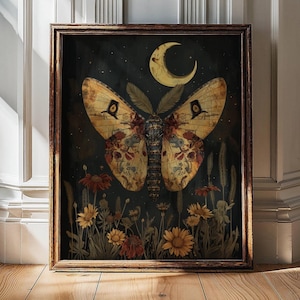 Moth Wall Decor, Moth And Moon Print, Magic Moon, Magical Decor Art, Witchy Aesthetic, Dark Prints, Dark Botanical Art, Insect Print