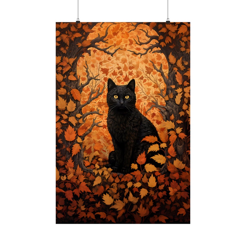 This gorgeous poster features a William Morris inspired black vat facing the camera, staring with yellow eyes. The sitting cat is nestled in vibrant fall leaves and framed in black branches.