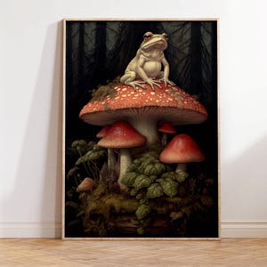 May include: A white frog sits on top of a red and white mushroom with white spots. The mushroom is surrounded by other red and white mushrooms with white spots. The background is a dark forest.