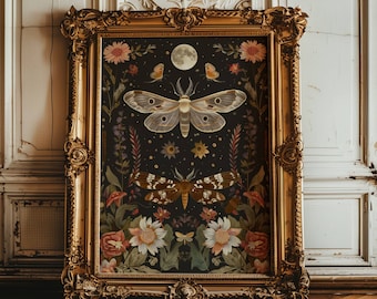 May include: A framed print with a dark background featuring a large, detailed moth with intricate wings, surrounded by a variety of flowers and smaller moths. The frame is gold and ornate.