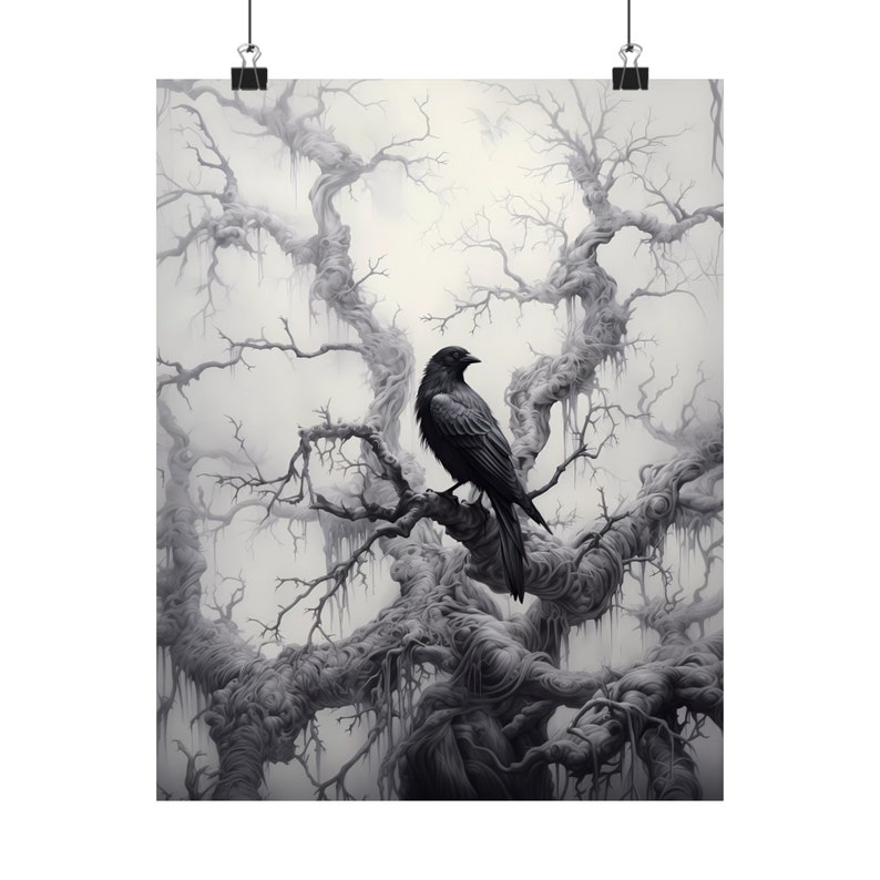 Gotische Wanddeko, Rabenmotiv, Vintage-Wandkunst, Stimmungsvolle Wandkunst, Dunkler Cottagecore, Dark-Academia-Deko, Dunkle Landschaft, Dunkle Wanddeko Bild 4