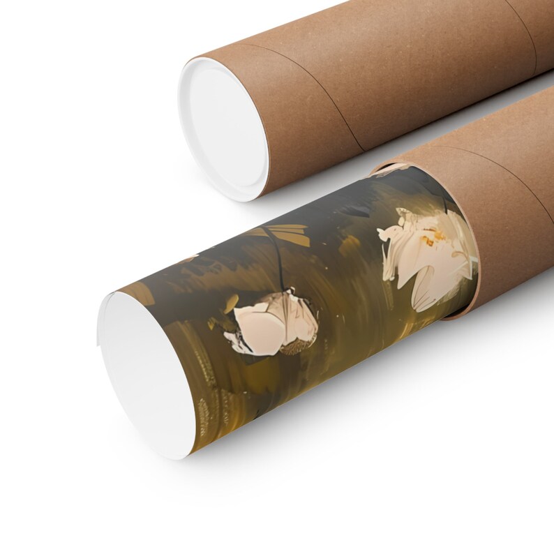 May include: A rolled up print with a brown and white abstract floral design is being shipped in a brown cardboard tube.