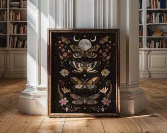 May include: A framed print with a black background featuring a collection of moths and floral elements. The moths are depicted in shades of gold, brown, and white, with intricate wing patterns. The floral elements are in shades of pink, white, and green. The print is surrounded by a gold frame.