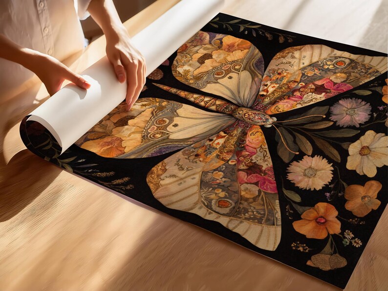 May include: A large, intricate butterfly with wings made of colorful floral patterns and textures on a black background.
