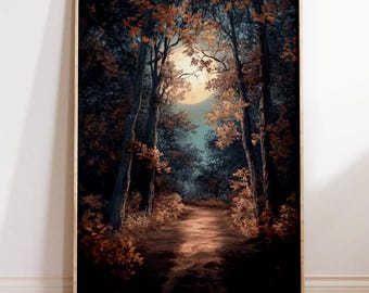 Décoration murale d'automne, gravures d'automne, décoration d'automne, art mural forêt, décoration d'automne rustique, art mural de mauvaise humeur, paysage d'automne, impression vintage automne, lune