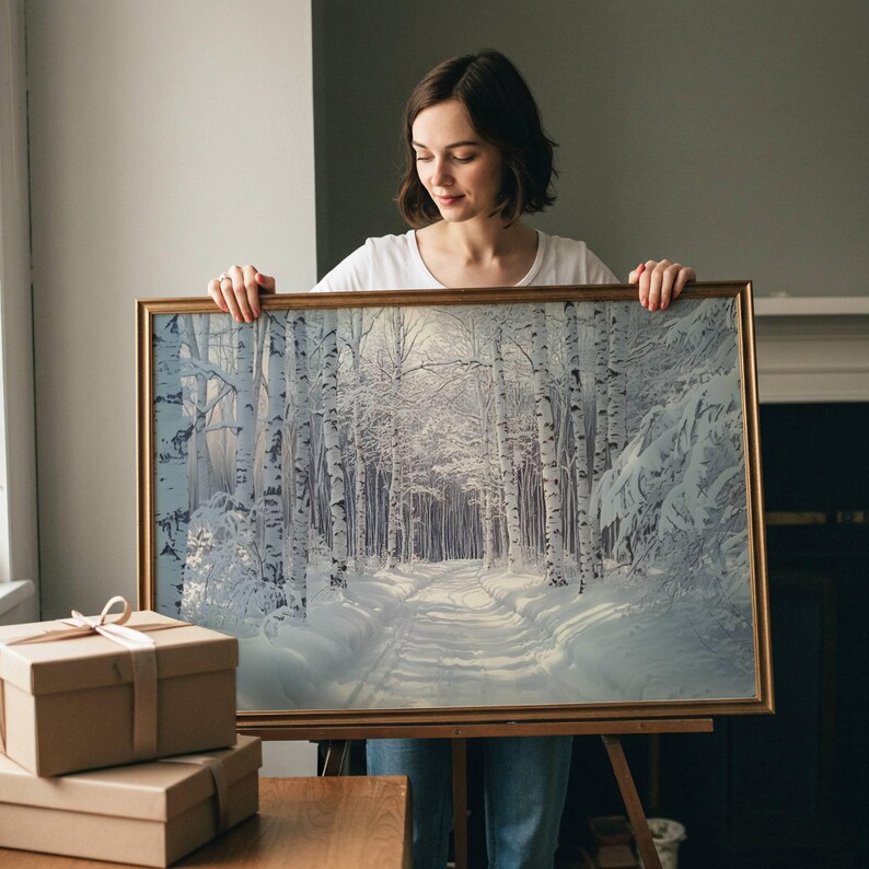 Puede incluir: Pintura de paisaje enmarcada que representa una escena de bosque nevado con un camino que serpentea entre los &aacute;rboles. La obra de arte presenta un marco dorado y un ambiente invernal sereno. La pintura es sostenida por una persona.