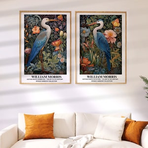 Set of 2 William Morris Prints, Blue Heron, Bird Wall Art,  Aesthetic Wall Art, Vintage Poster, Botanical Print, Wall Art Gift, Heron Print