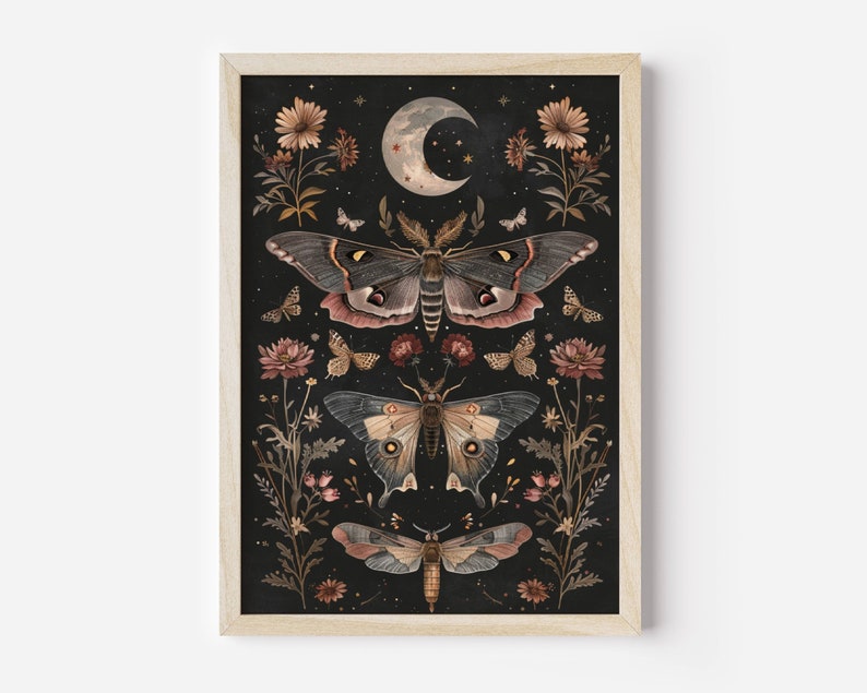 May include: A framed print with a dark background featuring a crescent moon and three moths with intricate details. The moths are surrounded by delicate flowers and leaves in shades of pink and brown.