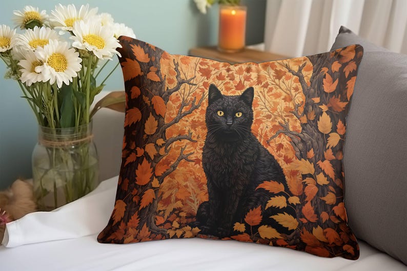 May include: A black cat with yellow eyes sits in a forest of orange and brown leaves. The cat is looking directly at the viewer. The background is a dark brown with a pattern of leaves.