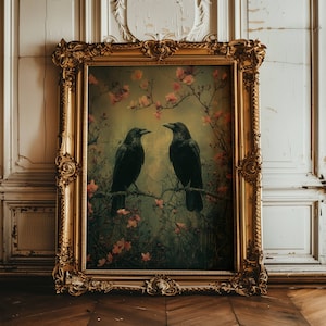 May include: A framed painting of two black ravens perched on branches of a flowering tree. The background is a soft, muted green and brown with pink blossoms.