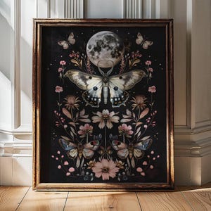 Moth Prints, Moon Print, Magic Moon, Magical Decor Art, Witchy Aesthetic, Dark Academia Prints, Dark Botanical Art, Butterfly Prints