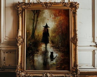 Puede incluir: Una pintura al óleo enmarcada que representa a una bruja caminando por un bosque con un gato negro que la sigue. La bruja lleva un vestido negro y un sombrero puntiagudo. El bosque está lleno de hojas de otoño y el suelo está cubierto de agua.