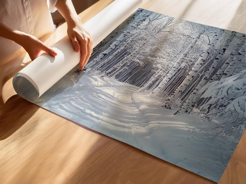 Puede incluir: Una impresi&oacute;n de paisaje invernal con un bosque cubierto de nieve y altos abedules blancos. La impresi&oacute;n se est&aacute; desenrollando sobre una superficie de madera, revelando un camino a trav&eacute;s del bosque nevado. La paleta de colores es principalmente blanca, azul y gris.