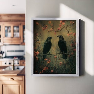 May include: A framed print of two black ravens perched on branches with pink blossoms. The background is a soft, muted green and brown.