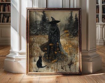 May include: Framed art print featuring a witch in a black cloak and hat, holding a broom, with a black cat. The artwork is set in a snowy field with yellow flowers and tall pine trees in the background. The frame is brown.
