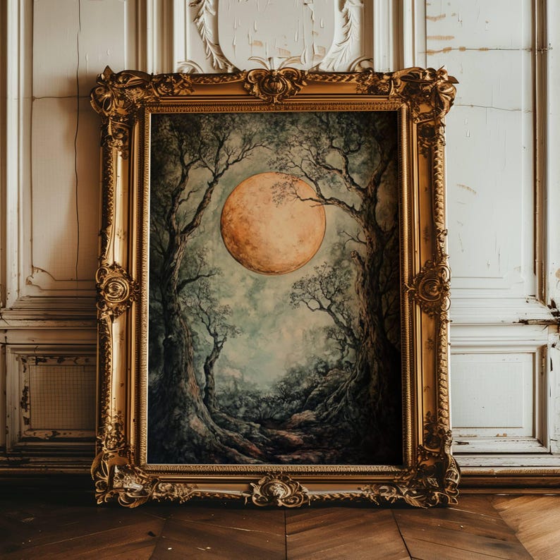 This gorgeous poster print depicts a detailed illustration of an ancient forest with gnarled trees.  A large, full blood moon in the top center.  Bluish cream background.