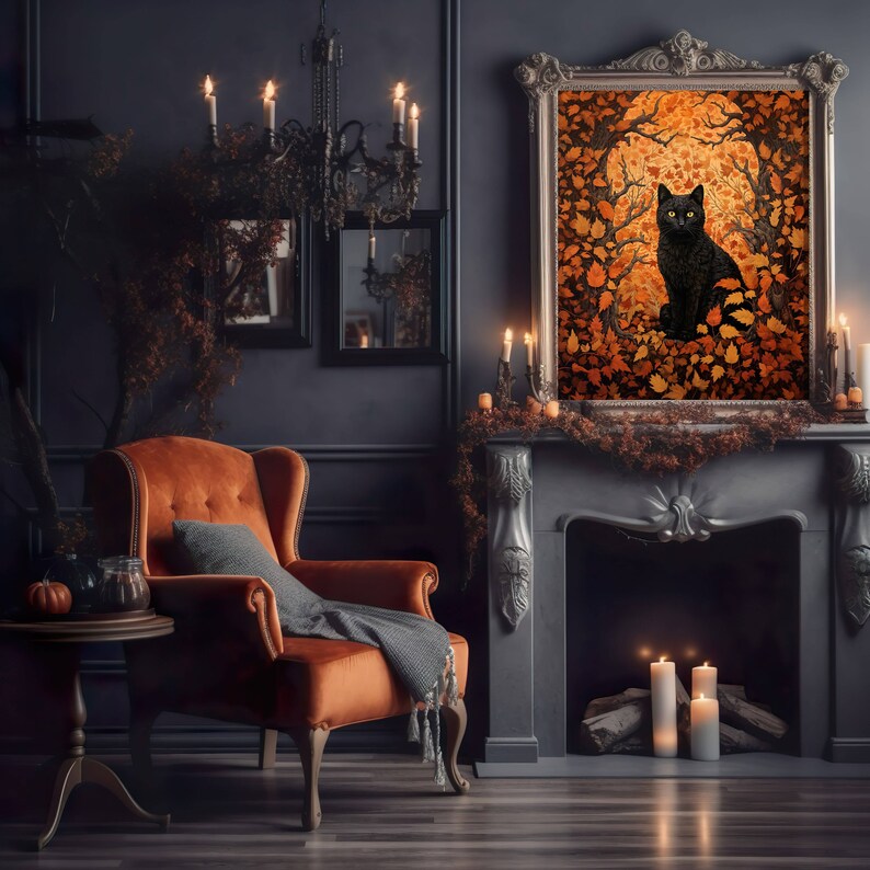 This gorgeous poster features a William Morris inspired black vat facing the camera, staring with yellow eyes. The sitting cat is nestled in vibrant fall leaves and framed in black branches.
