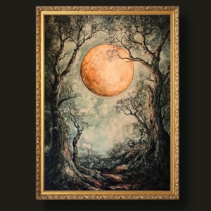 Puede incluir: Una pintura de una gran luna naranja que se levanta sobre un bosque oscuro. La luna est&aacute; rodeada de un cielo azul brumoso. Los &aacute;rboles est&aacute;n silueteados contra la luna, creando una escena dram&aacute;tica y misteriosa.
