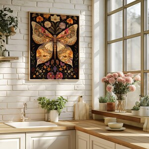 May include: A framed print of a colorful butterfly with floral details on a black background. The butterfly is made up of various flowers and leaves, creating a unique and intricate design.