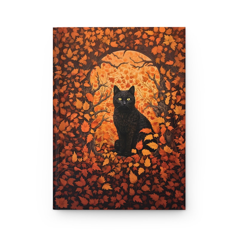 May include: A black cat sits in a circle of orange and brown leaves, with a full moon behind it. The cat has yellow eyes and is looking directly at the viewer.