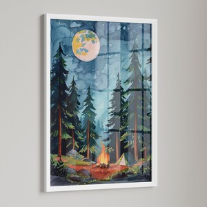 May include: Watercolor painting of a nighttime forest scene with a campfire and tent. A large, yellow-toned moon hangs in the sky above tall pine trees. The artwork is framed in a white border.