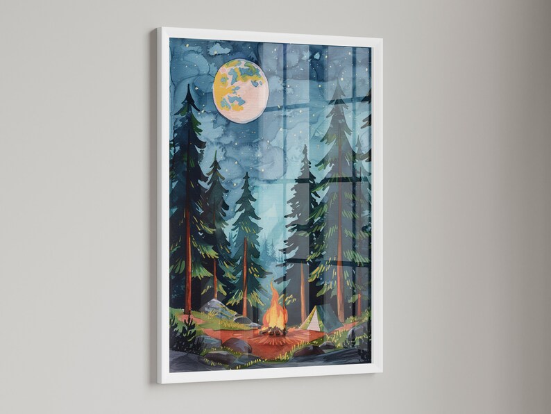 May include: Watercolor painting of a nighttime forest scene with a campfire and tent. A large, yellow-toned moon hangs in the sky above tall pine trees. The artwork is framed in a white border.