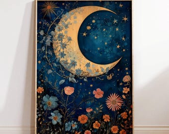 May include: A crescent moon with gold accents and a floral design is surrounded by stars on a dark blue background. The moon is surrounded by a ring of flowers in shades of blue, pink, and orange.