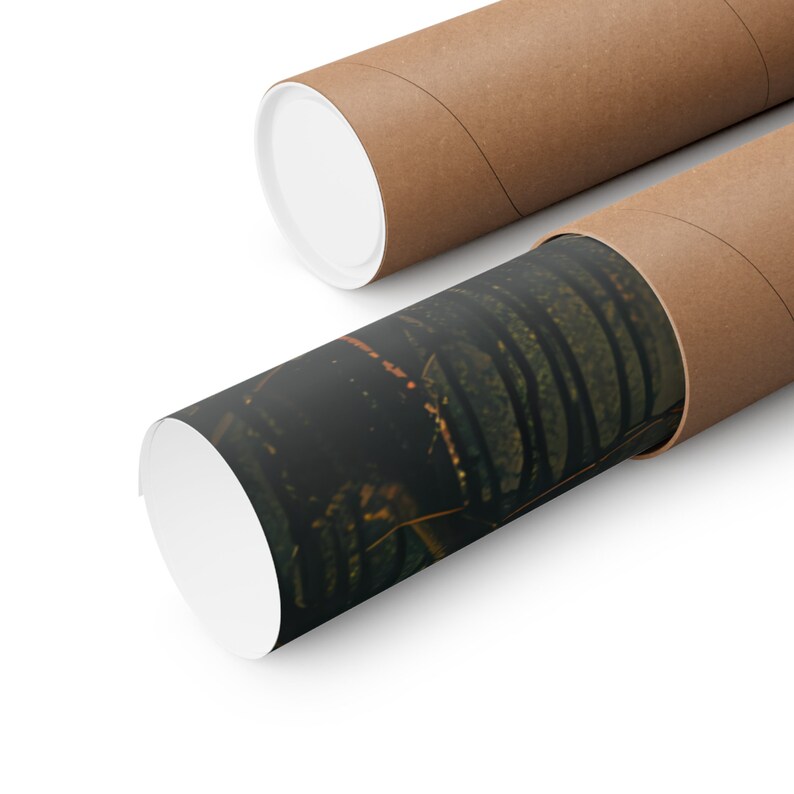 May include: A rolled up poster print with a dark green and black abstract design is inside a brown cardboard tube. The tube is partially unrolled, revealing the print.