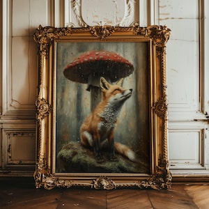 Vintage Fox Print, Fox Wall Art, Dark Cottagecore Decor, Woodland Animals, Fox Decor, Fox Art, Dark Academia Mushroom Prints, Fox Lover Gift
