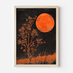 Peut inclure: Une estampe encadr&eacute;e repr&eacute;sentant un arbre orange stylis&eacute; avec une grande lune orange en arri&egrave;re-plan. La lune est entour&eacute;e de petites &eacute;toiles blanches sur un fond noir.
