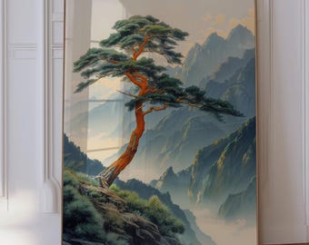 Japanese Poster, Japanese Wall Art, Vintage Forest Poster, Tranquil Mountain Landscape, Retro Nature Print, Minimalist Tree Art