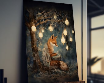 May include: A watercolor painting of a fox sitting under a tree with string lights. The fox is wearing a blue and green patterned scarf and is holding a small drum. The background is a dark blue with white stars.