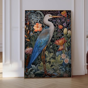 Heron Decor, Heron Print, William Morris, Bird Painting, Coastal Art, Aesthetic Wall Art, Botanical Print Blue Heron Art Coastal Grandmother