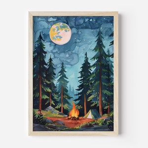 May include: Watercolor painting of a nighttime camping scene. Tall green pine trees surround a campfire with a tent in the background. A large, full moon and starry sky are visible above the trees. The artwork is framed in a light wood frame.